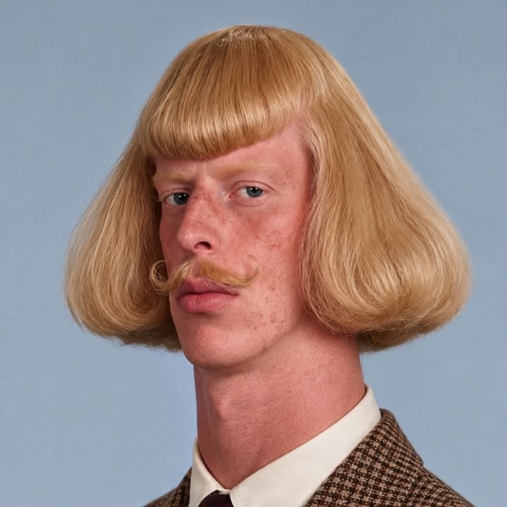 Referência enviada: personagem loiro de bigode com cabelo geométrico